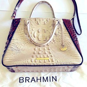 Brahmin Ivory Croc-Embossed Satchel with Brown Trim
